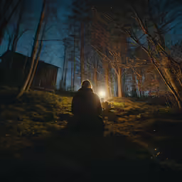 person sitting in dark area with light on head