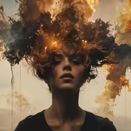 a woman in a black shirt with her hair flying up over her head