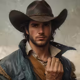 a man wearing a cowboy hat and a leather coat