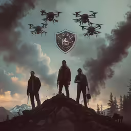 a group of people standing on top of a rock with remote controlled aircraft flying above them