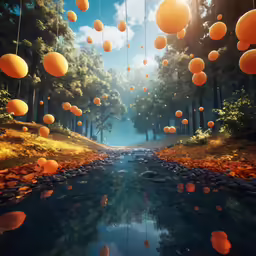 an artistic artwork shows an open, wooded area with lots of floating lanterns