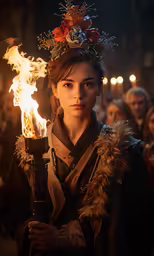 a woman dressed in traditional costumes holding a lit candle