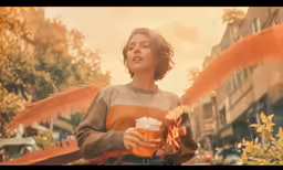 a woman with wings on the back holds a beverage