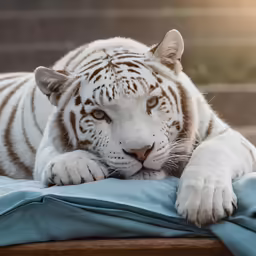 a white tiger laying on top of a blue blanket