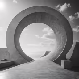 a person walks towards an abstract sculpture