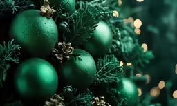 green christmas ornaments and trees are on display