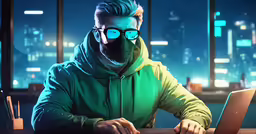 a man in green hoodie sitting at desk with laptop