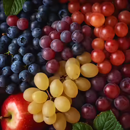 a close up shot of different fruit including grapes, apples and blueberries