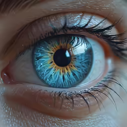 an eye with large blue eyes and long eyelashes