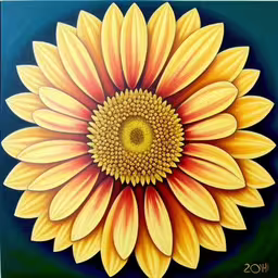 a large yellow sunflower on blue background,a painting of a yellow and white sunflower