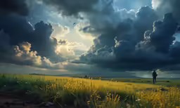 a person standing alone in the middle of a field
