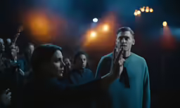 a woman holding her hand out to a man