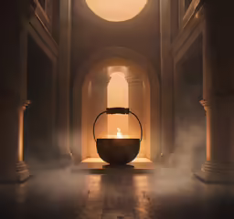 an empty room with a large bowl of water and light