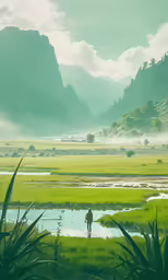 the person is standing on the shore near the water