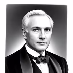 a black and white photo of an older gentleman in a tuxedo