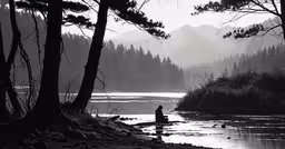 the person is sitting on a small boat in a lake,a person riding a canoe on top of a lake near trees