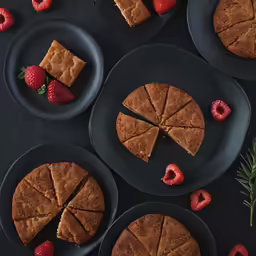 four plates with small cakes and fruit on them