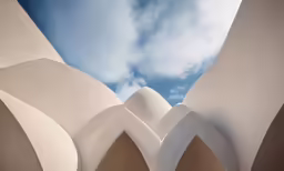 the roof and the wall of this building have white, curved arches