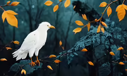 a bird sitting on a branch next to leafy plants
