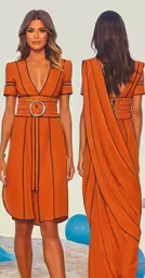 two women wearing dresses with one holding a camera and the other standing next to her