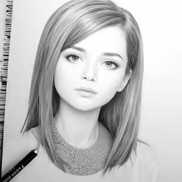 the pencil drawing shows a woman with a large face and long hair