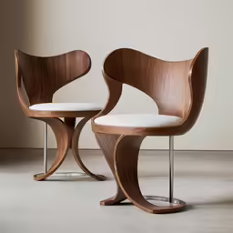 two chairs with arms and legs made from wood