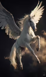 a white horse with large wings flying through the sky