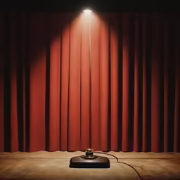 a photo of a floor lamp next to a red curtain