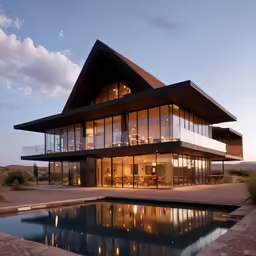 a beautiful house with a glass facade and outdoor pool
