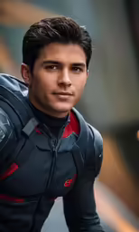 a man in a black costume posing for the camera