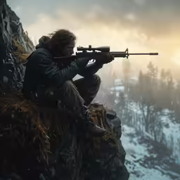 a man in winter clothes sits on top of a hill holding a rifle