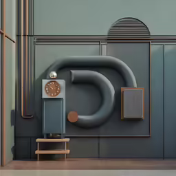 the clock sits in the middle of a wall with different colors