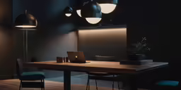 there is a desk in the room with several lamps