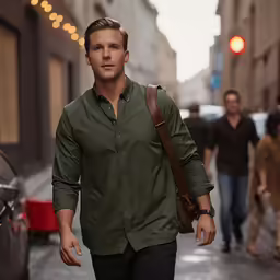 a man walking down the street in front of parked cars