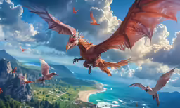 a dragon attacking a bird as birds fly above