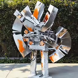 a metal sculpture is on a cement slab