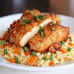 a close up view of a plate of food with chicken