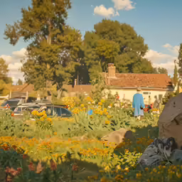 there are flowers that are in the grass near houses