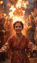 the young person is smiling as they look up at fireworks