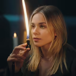 a woman lighting a lighter with a candle