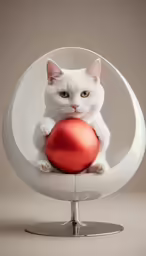 a cat sits on a white chair with an orange ball inside