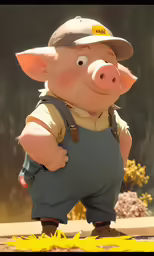 a large pig with overalls standing on the street