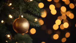 a gold ornament hanging on a tree branch