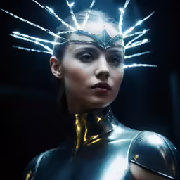the woman is wearing a futuristic outfit and lighting