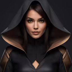 a woman wearing a leather outfit with the hood up