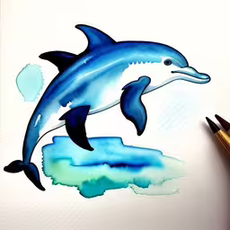 a dolphin leaping out of the water to eat,a drawing of a blue dolphin is on the paper