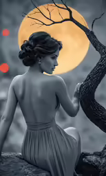 a woman sitting on top of a tree next to a moon