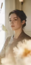 a close up of a person sitting near flowers