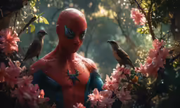 the man with the devil makeup is surrounded by flowers