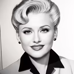 the blond lady is smiling in front of a wall